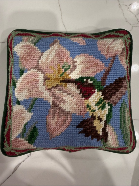 Other - 7x7 Small Needlepoint Throw Pillow Hummingbird and Flower & Green Velvet Back